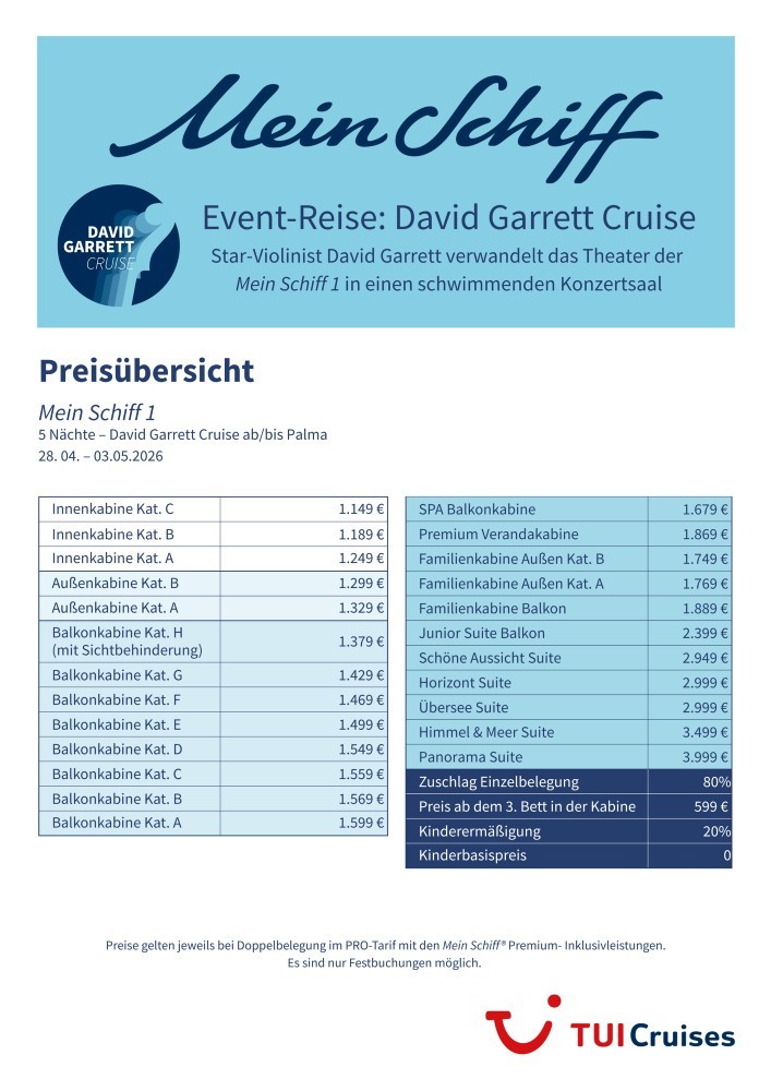 Preisübersicht David Garrettt Cruise.